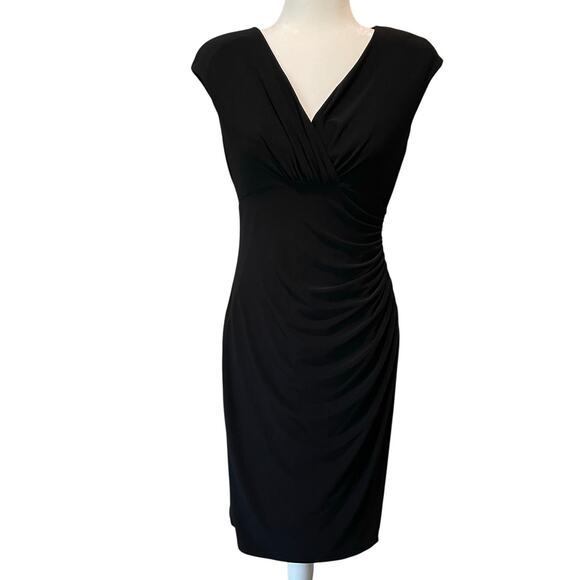 Lauren Ralph Lauren Dresses & Skirts - Lauren Ralph Lauren Faux Wrap Sheath Dress Black Ruched Sz 8 Cap Sleeves Career